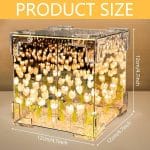 Artificial Tulips in Crystal Box – Handmade DIY Pink Tulip Cube Mirror Lamp, LED Night Light for Bedroom, Unique Flower Table Lamp – (Square)