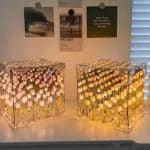 Artificial Tulips in Crystal Box – Handmade DIY Pink Tulip Cube Mirror Lamp, LED Night Light for Bedroom, Unique Flower Table Lamp – (Square)