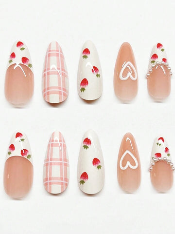 Dreamy Pink Press-On Nails | Adorable 3D Raised Art with Strawberry & Heart Designe🍓