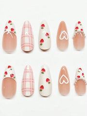 Dreamy Pink Press-On Nails | Adorable 3D Raised Art with Strawberry & Heart Designe🍓