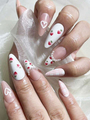 Dreamy Pink Press-On Nails | Adorable 3D Raised Art with Strawberry & Heart Designe🍓