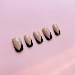 GLOSSY - Nude Gel Polish With Hand Painted Black V shape French Tips.