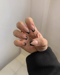 GLOSSY - Nude Gel Polish With Hand Painted Black V shape French Tips.