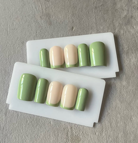 Matcha Mousse Press-On Nails - Glossy, Short Square Shape, Mint Green French Manicure💚