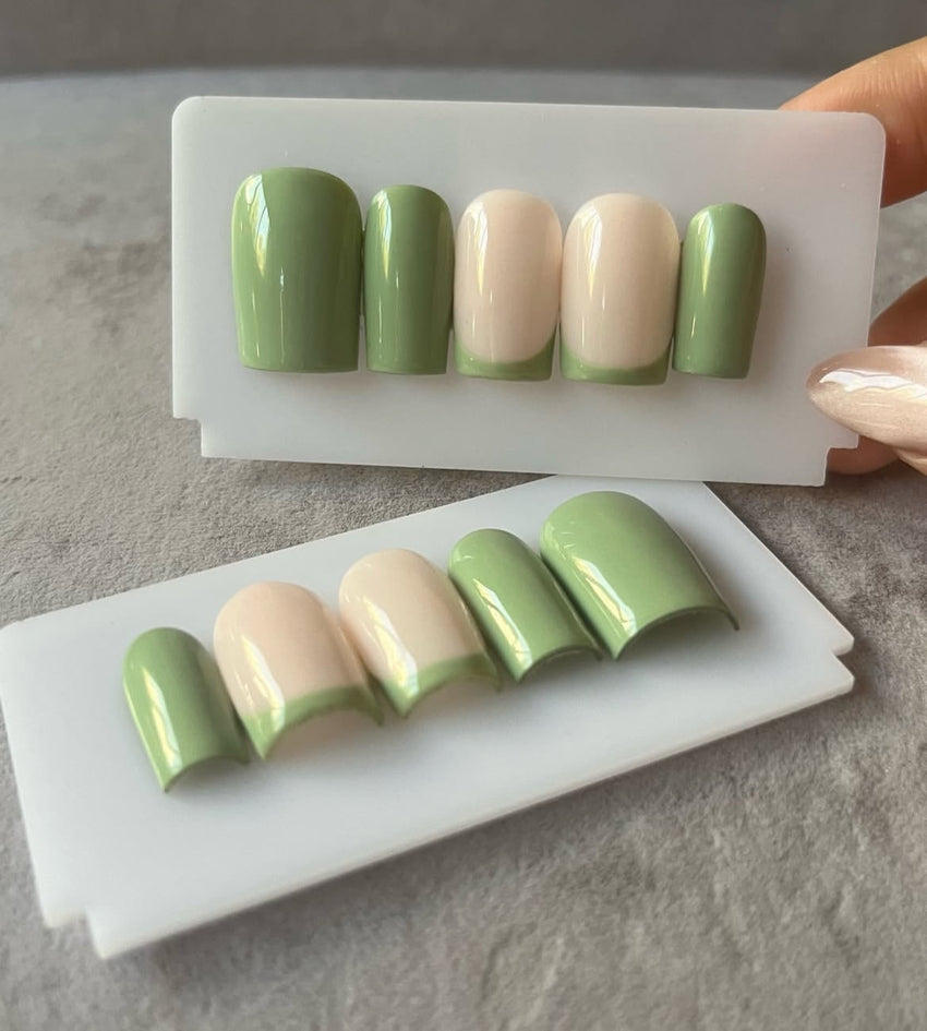 Matcha Mousse Press-On Nails - Glossy, Short Square Shape, Mint Green French Manicure💚