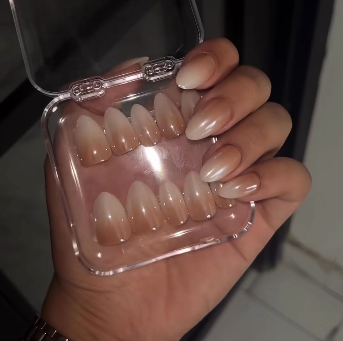 Almond shaped nude gradient glossy ombre Luxury press _ons